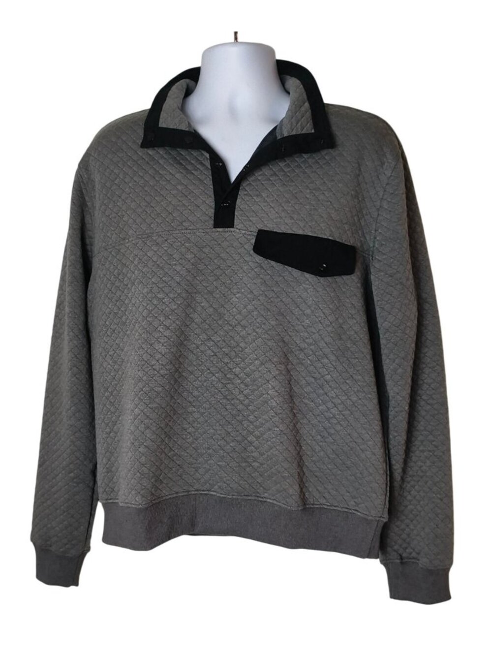 Mens L Quilted Gray Pullover Sweatshirt Black Collar Pocket Accent Sporty Outdoo